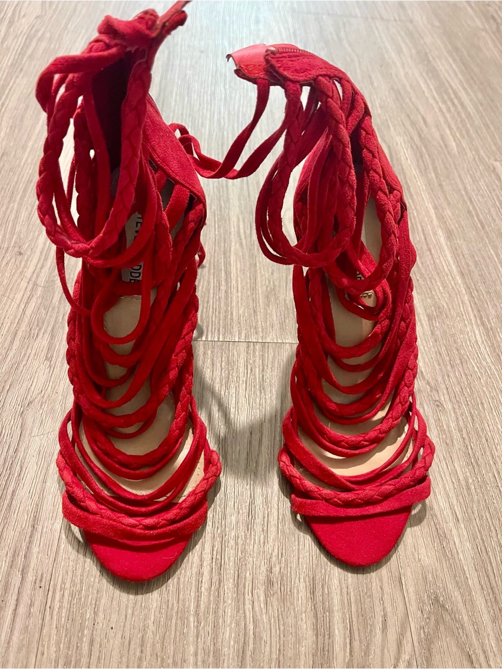 Steve Madden Drexel Heels 6M bright red suede and leather braided lace up straps
